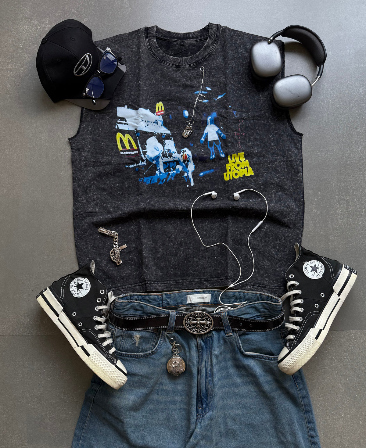 ELLC STUDIO ACID WASH SLEEVES TEE