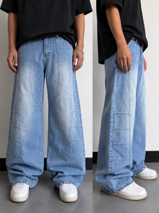 WASHED PANEL WIDE LEG DENIM