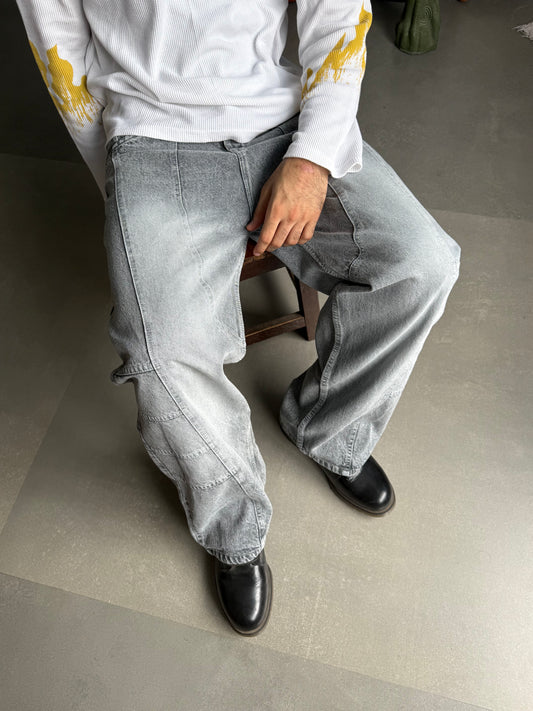 WASHED GREY PANEL WIDE LEG DENIM