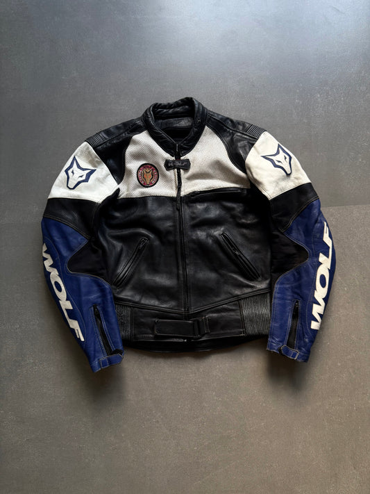 VINTAGE RARE WOLF LEATHER BIKER JACKET (Safety pads)