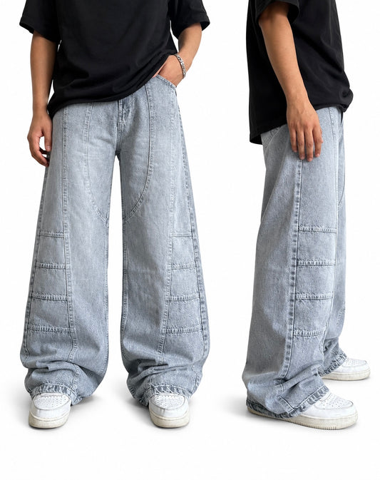 WASHED GREY PANEL WIDE LEG DENIM