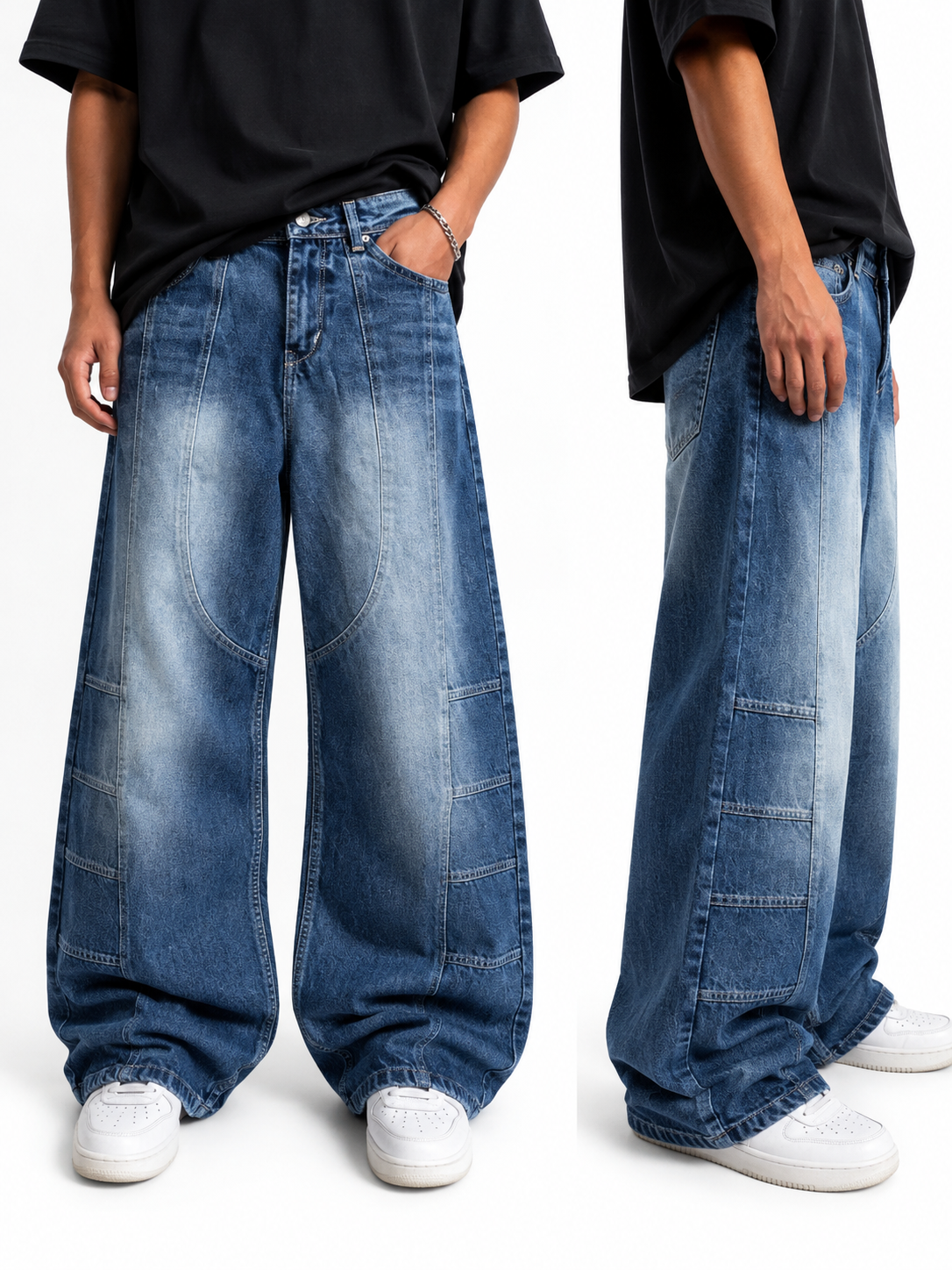 WASHED PANEL WIDE LEG DENIM