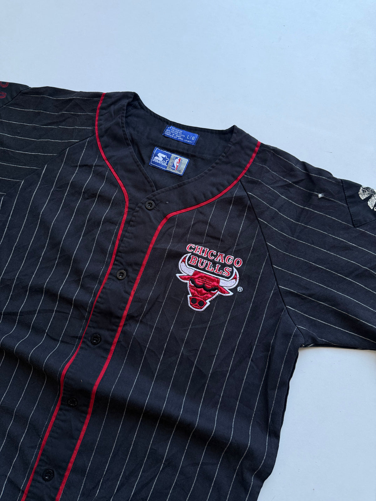 VINTAGE 90’s RARE NBA STARTER CHICAGO BULLS PIN STRIPE JERSEY