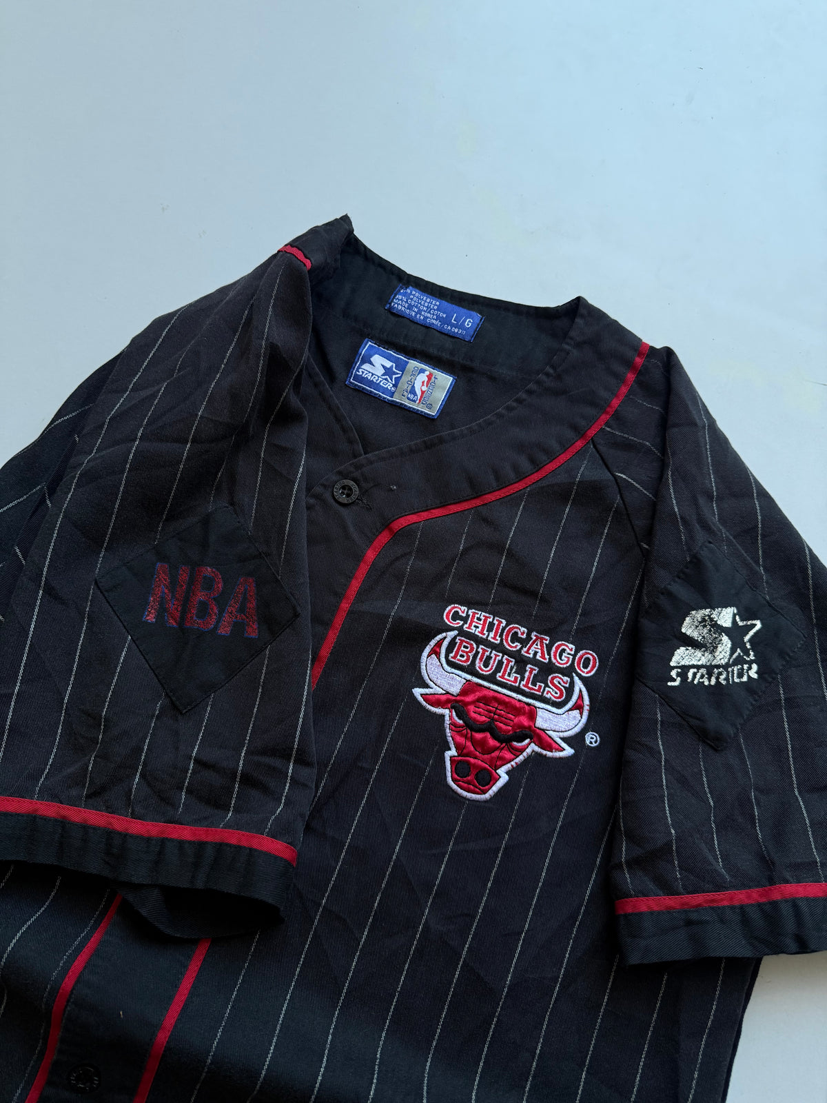 VINTAGE 90’s RARE NBA STARTER CHICAGO BULLS PIN STRIPE JERSEY