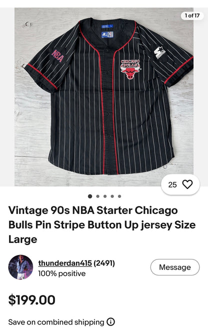 VINTAGE 90’s RARE NBA STARTER CHICAGO BULLS PIN STRIPE JERSEY