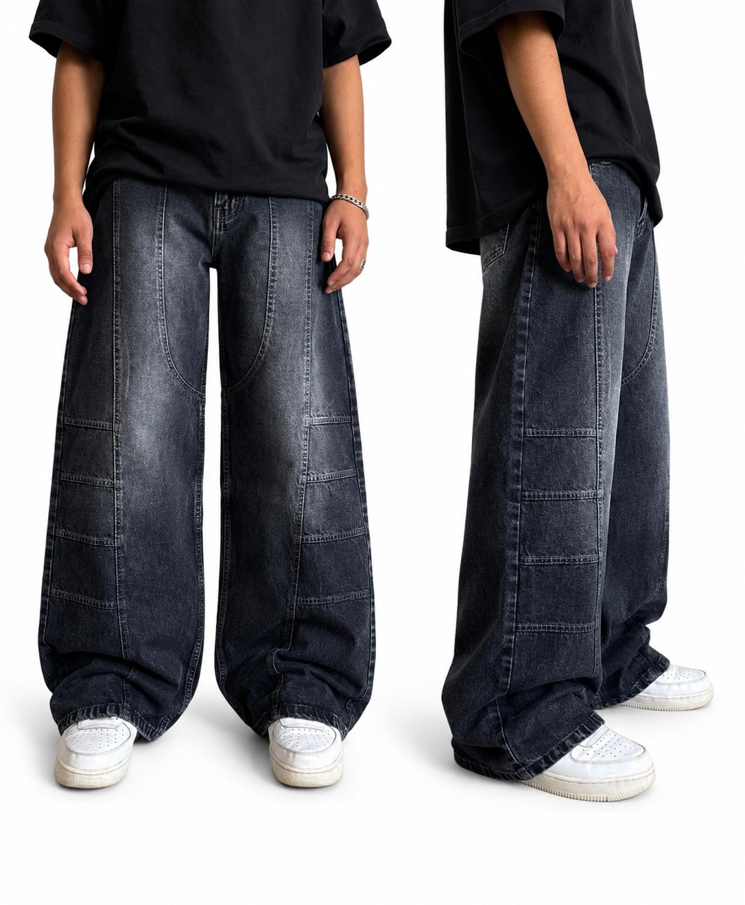 WASHED PANEL WIDE- LEG DENIM