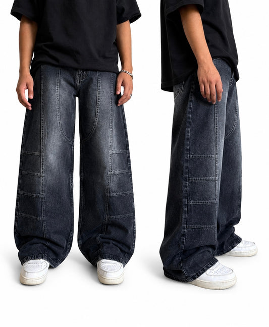 WASHED PANEL WIDE- LEG DENIM