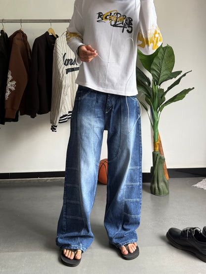 WASHED PANEL WIDE LEG DENIM